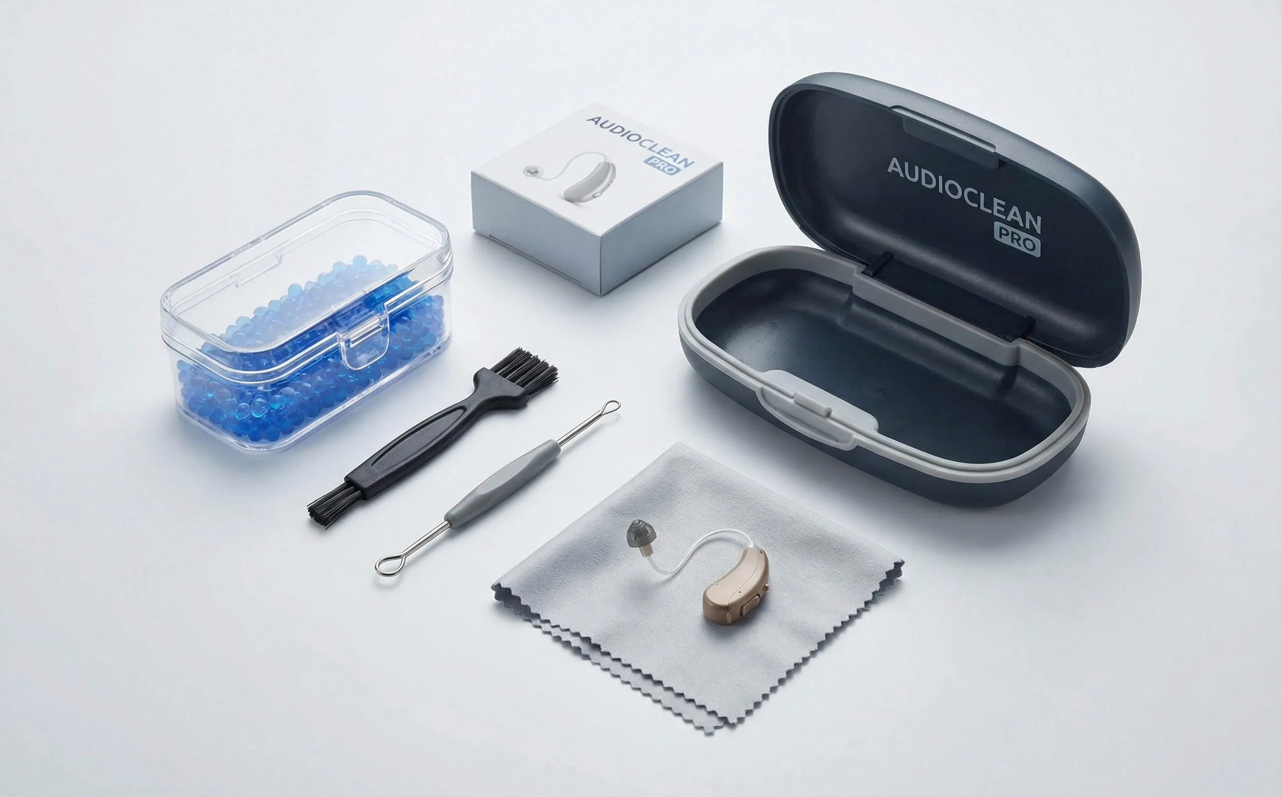 Hearing aid cleaning tools and supplies