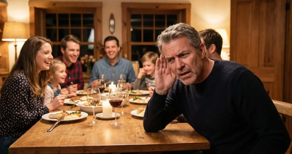 Person straining to hear at family gathering