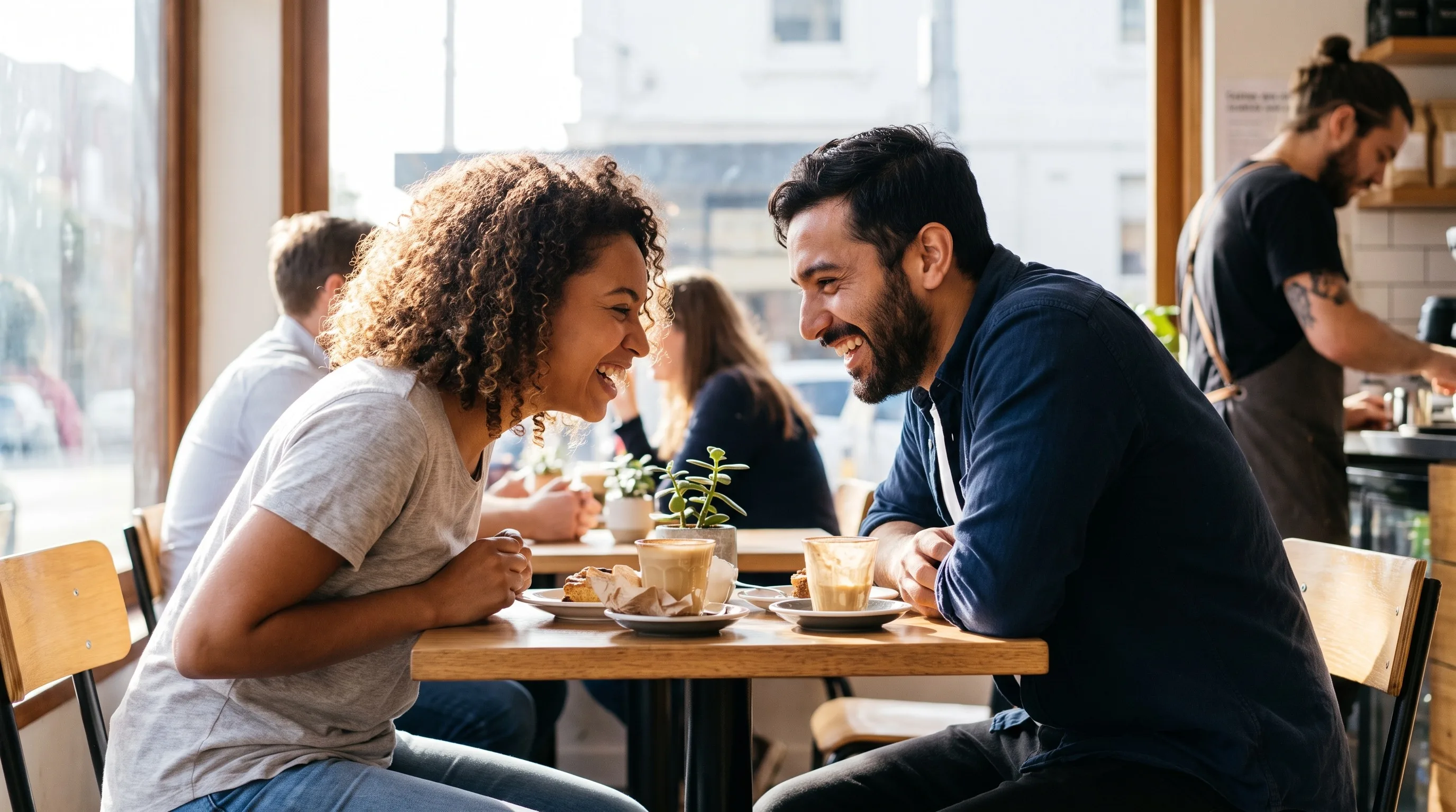 Two friends chatting over coffee at a busy cafe