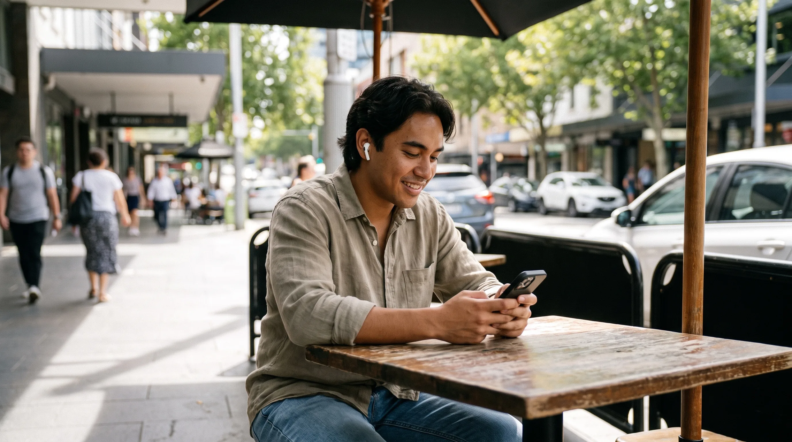 A young adult at an outdoor cafe using a phone with wireless earbuds in