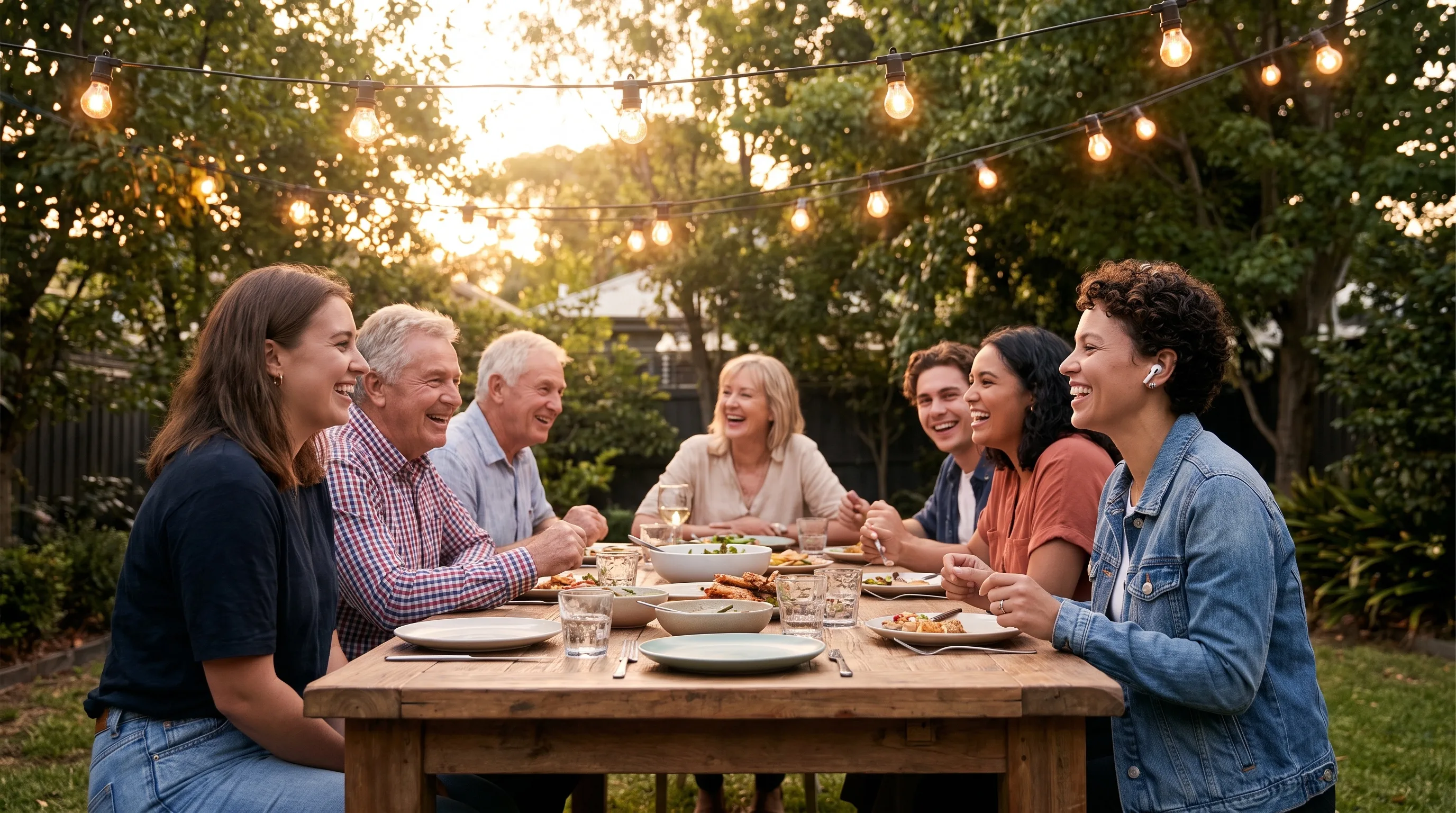 Friends of mixed ages chatting around a backyard table at dusk