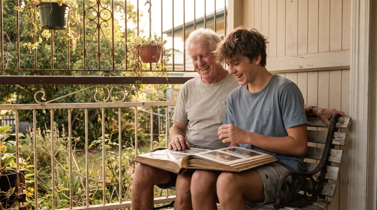 A grandfather and his teenage grandson sitting on a shaded Queenslander verandah in the late afternoon, laughing together over a shared photo album