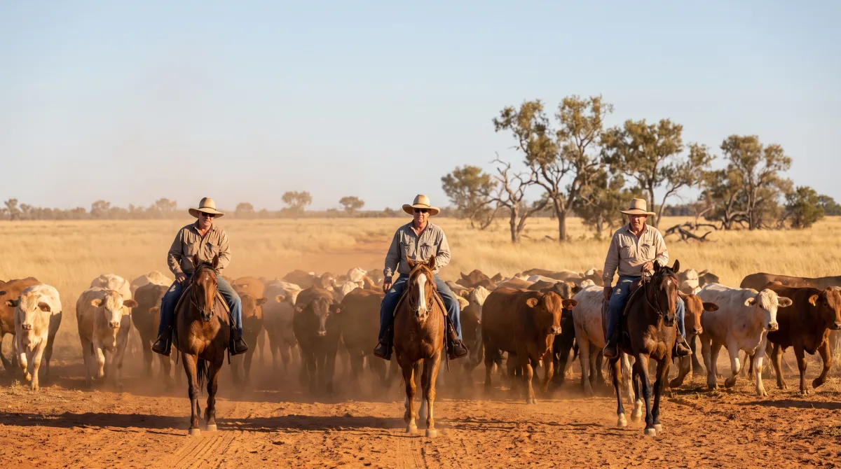 Riders in their fifties and sixties in wide-brimmed hats moving a mob of cattle along a dusty stock route near Aramac in golden afternoon light
