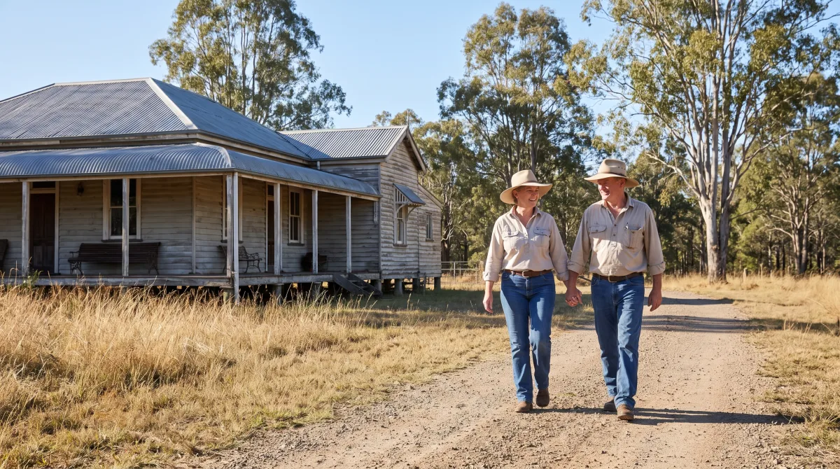 Two adults in their sixties strolling past a historic timber homestead on a bright winter morning
