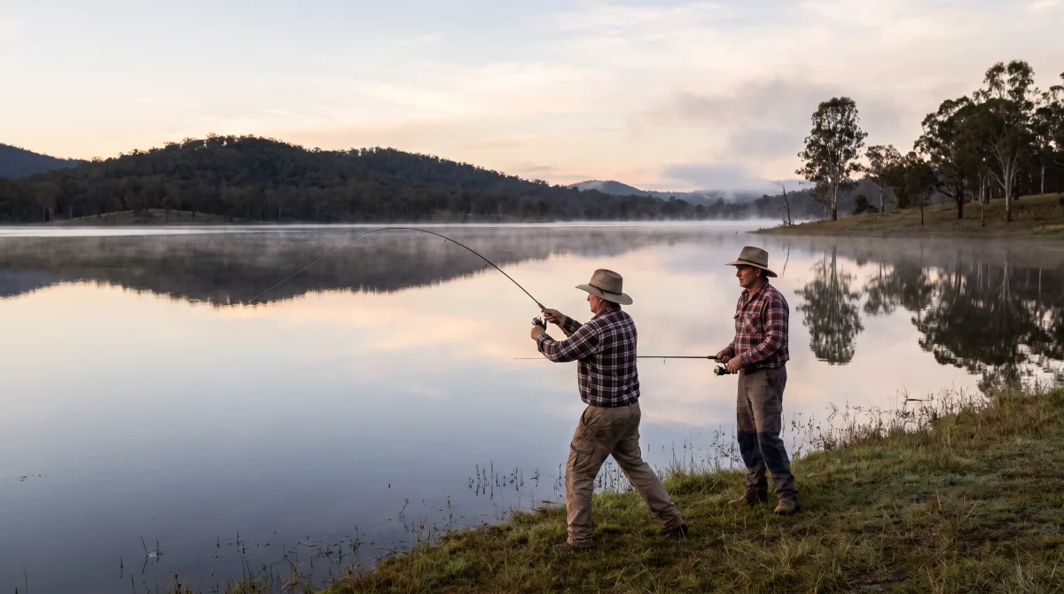 Two anglers in their fifties fishing from a grassy bank on a still, misty morning