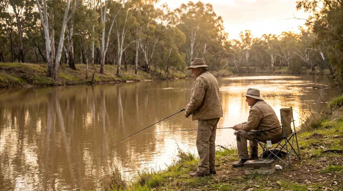 Two anglers in their sixties on a grassy riverbank in the early evening, with tall gum trees reflected on the water