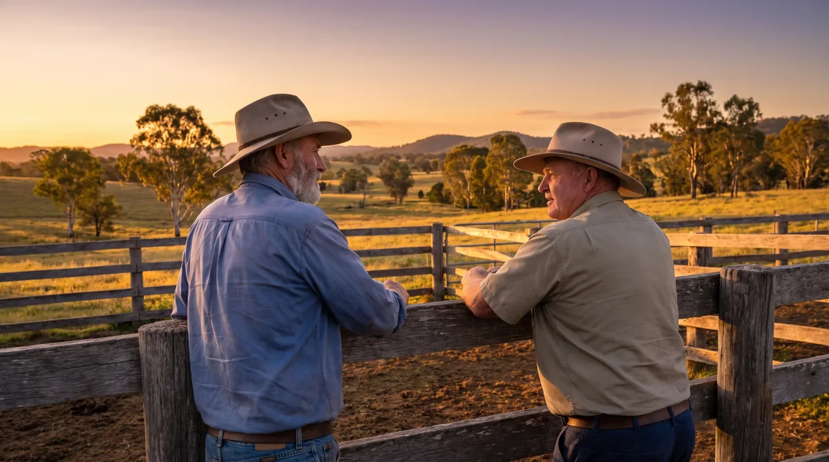 Two friends in their sixties leaning on a timber stockyard rail west of Marlborough at sunset, with grazing land stretching behind them