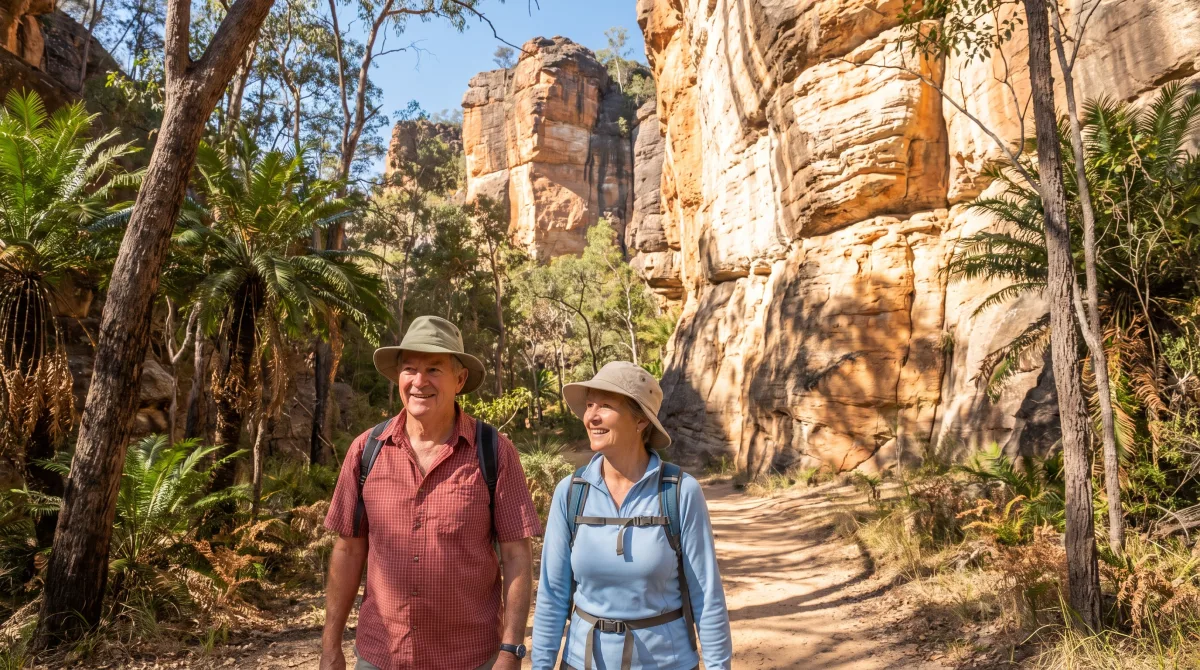 Two walkers in their sixties on a bush track beneath tall orange sandstone cliffs