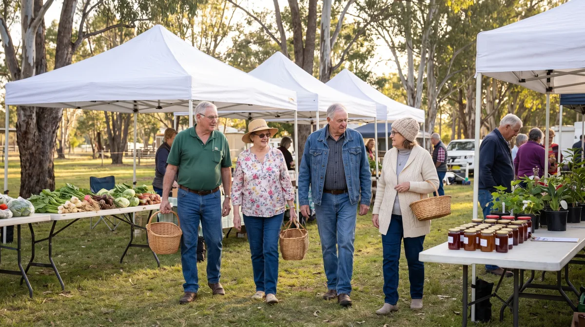 Locals in their fifties and sixties browsing produce stalls at an outdoor country market on a clear afternoon