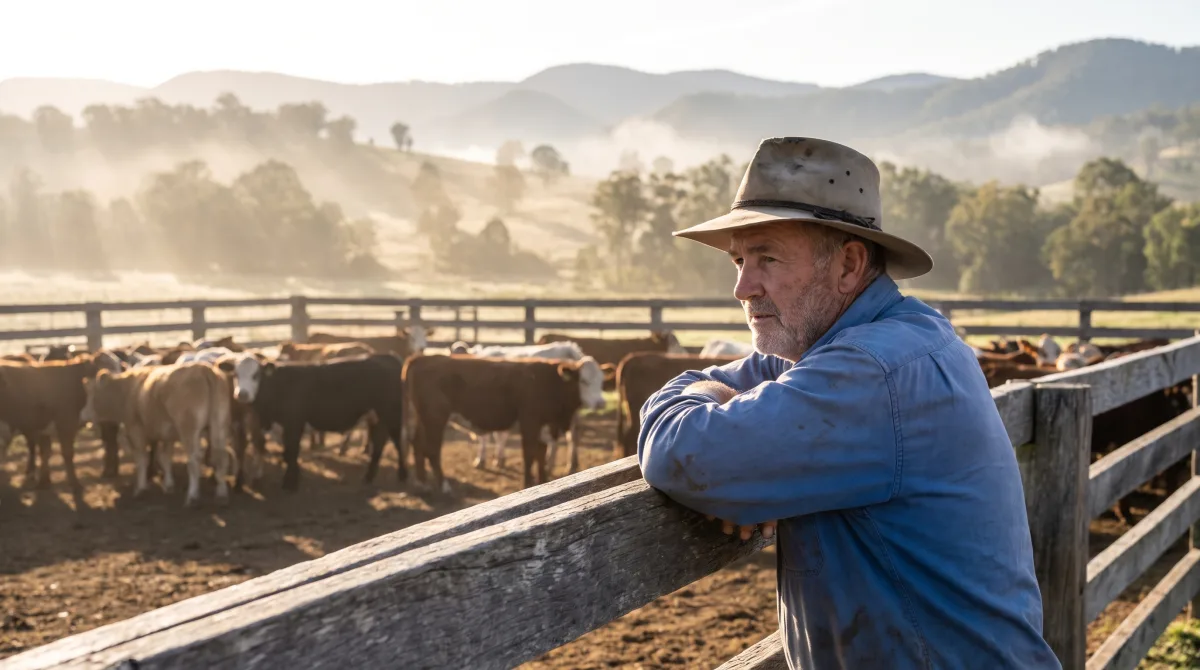 A grazier in his sixties leaning on a cattle yard rail at dawn on a property in the hills around Springsure