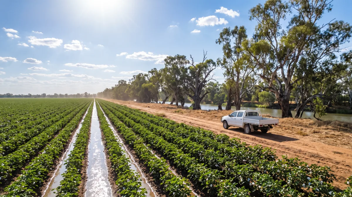 Irrigated crop rows stretching towards a line of river gums in summer, with a farm ute parked on a dirt track