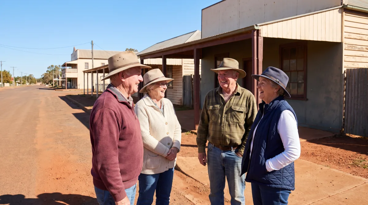 A group of adults in their fifties and sixties in wide-brimmed hats chatting outdoors on a wide outback main street on a sunny winter morning