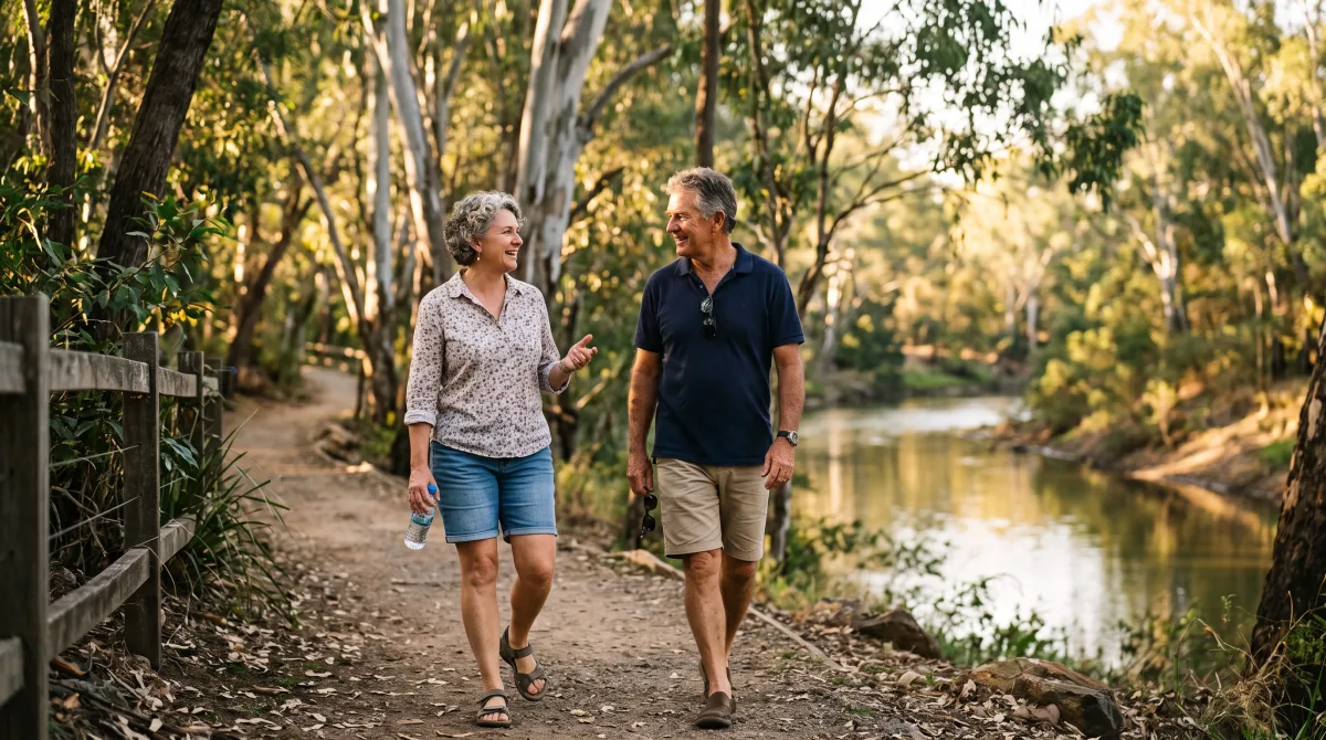 Two friends walking a leafy riverside path in the late afternoon, mid conversation, one turning towards the other to listen