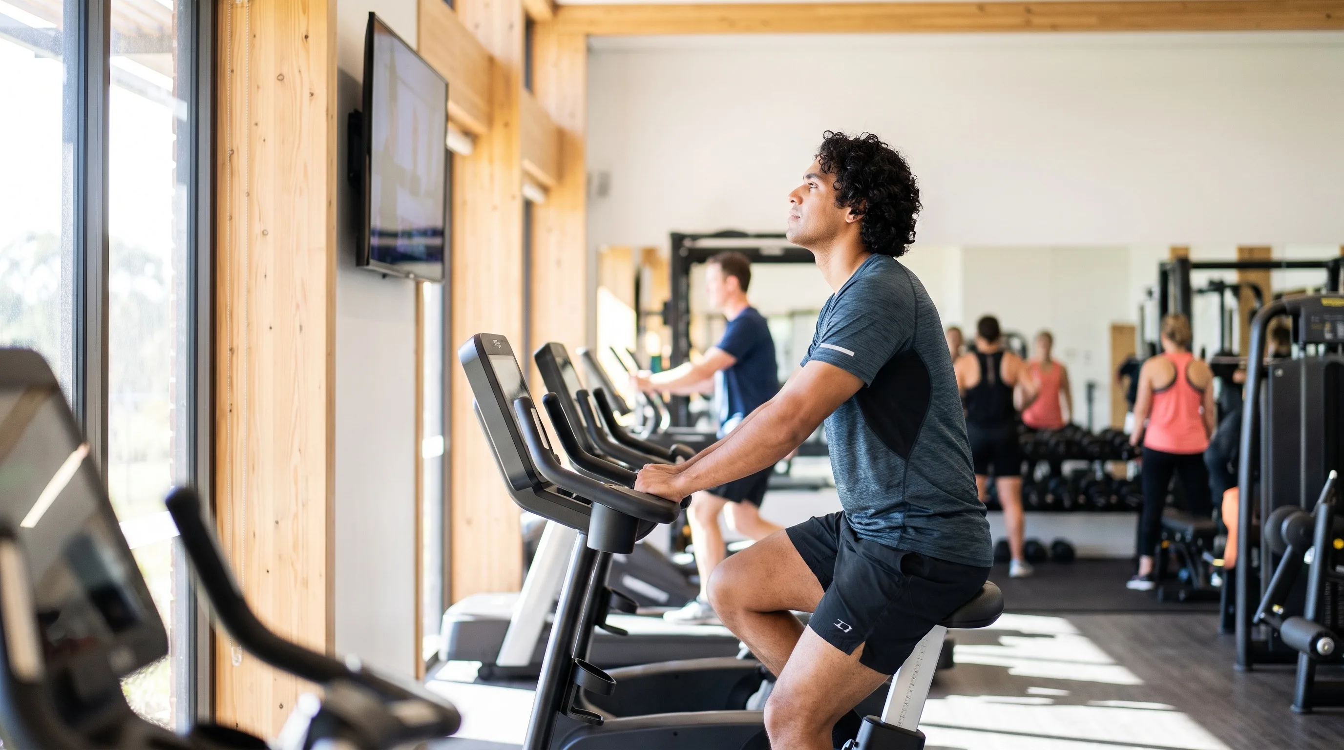 A person glancing at a wall-mounted TV while exercising at the gym