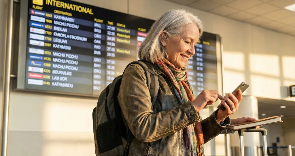 Traveller at airport with hearing aids