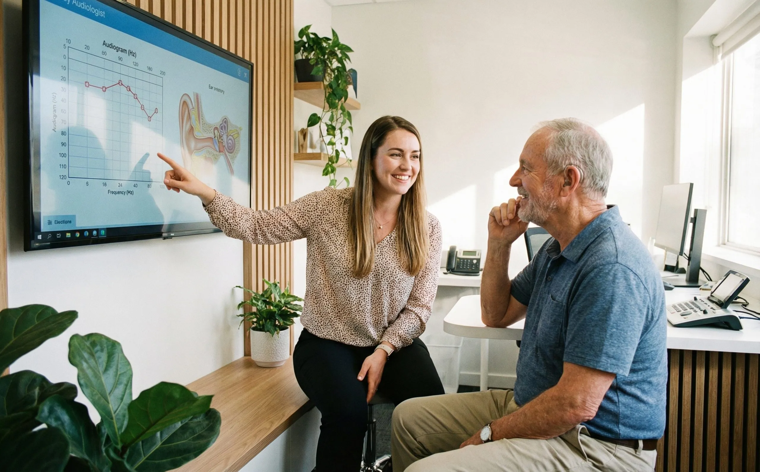 Audiologist explaining hearing test results to patient
