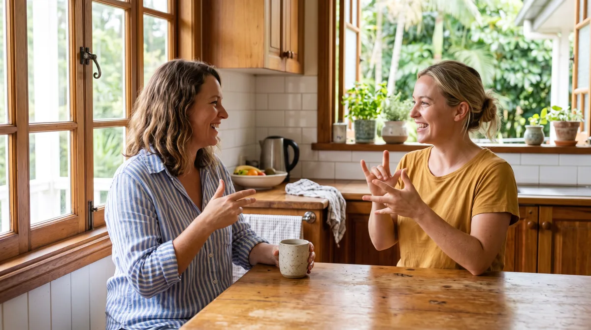 Two people signing to each other across a sunlit kitchen bench in a Queenslander home, one holding a mug, both relaxed and at ease