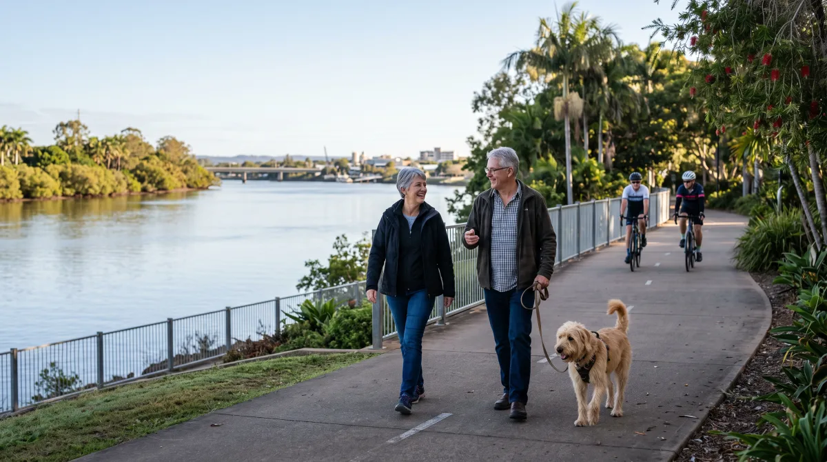 A couple walking their dog along the Fitzroy River pathway in Rockhampton on a mild winter morning, chatting as a few cyclists pass by