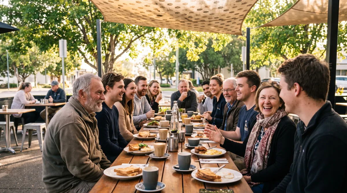 A family sharing morning coffee and toast at a busy outdoor cafe table in Rockhampton, laughing over the hum of conversation around them