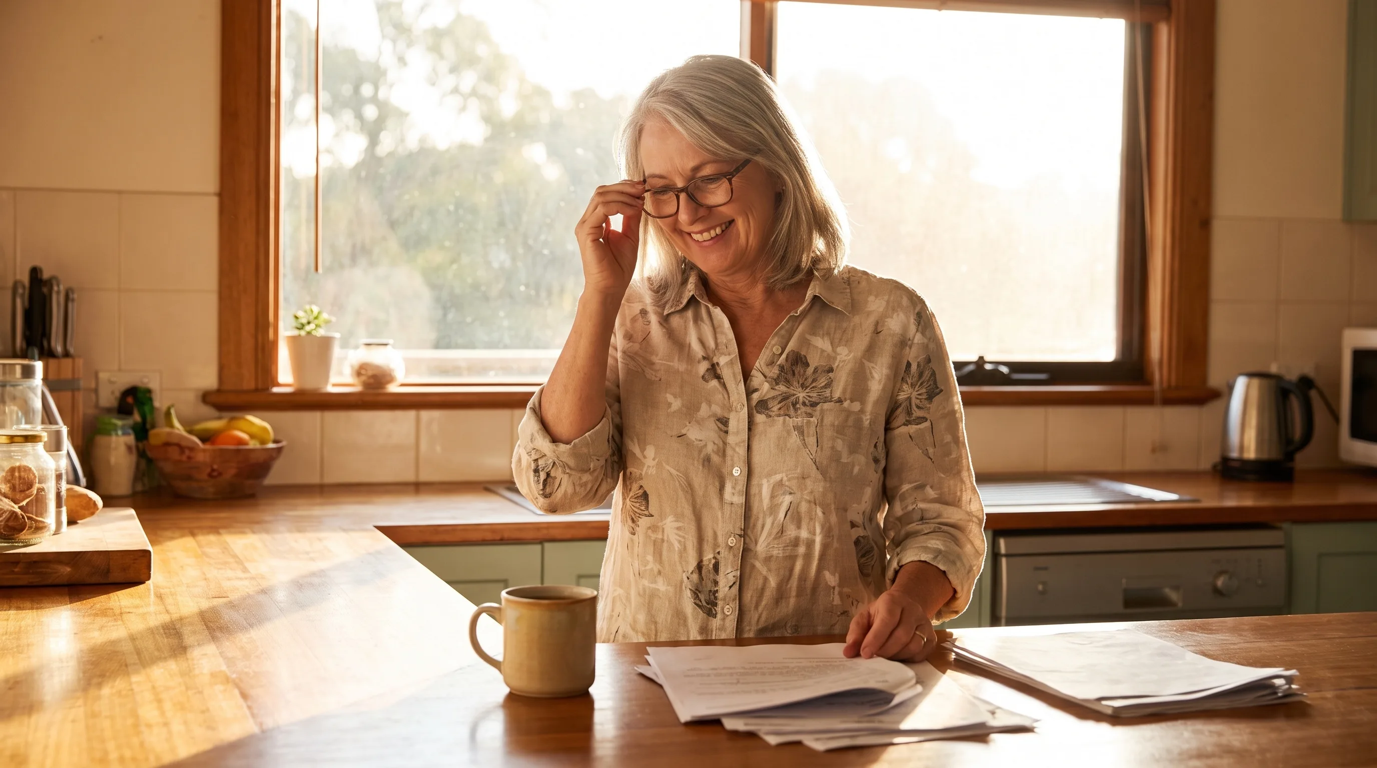 A woman putting on her glasses at a sunny kitchen bench in the morning