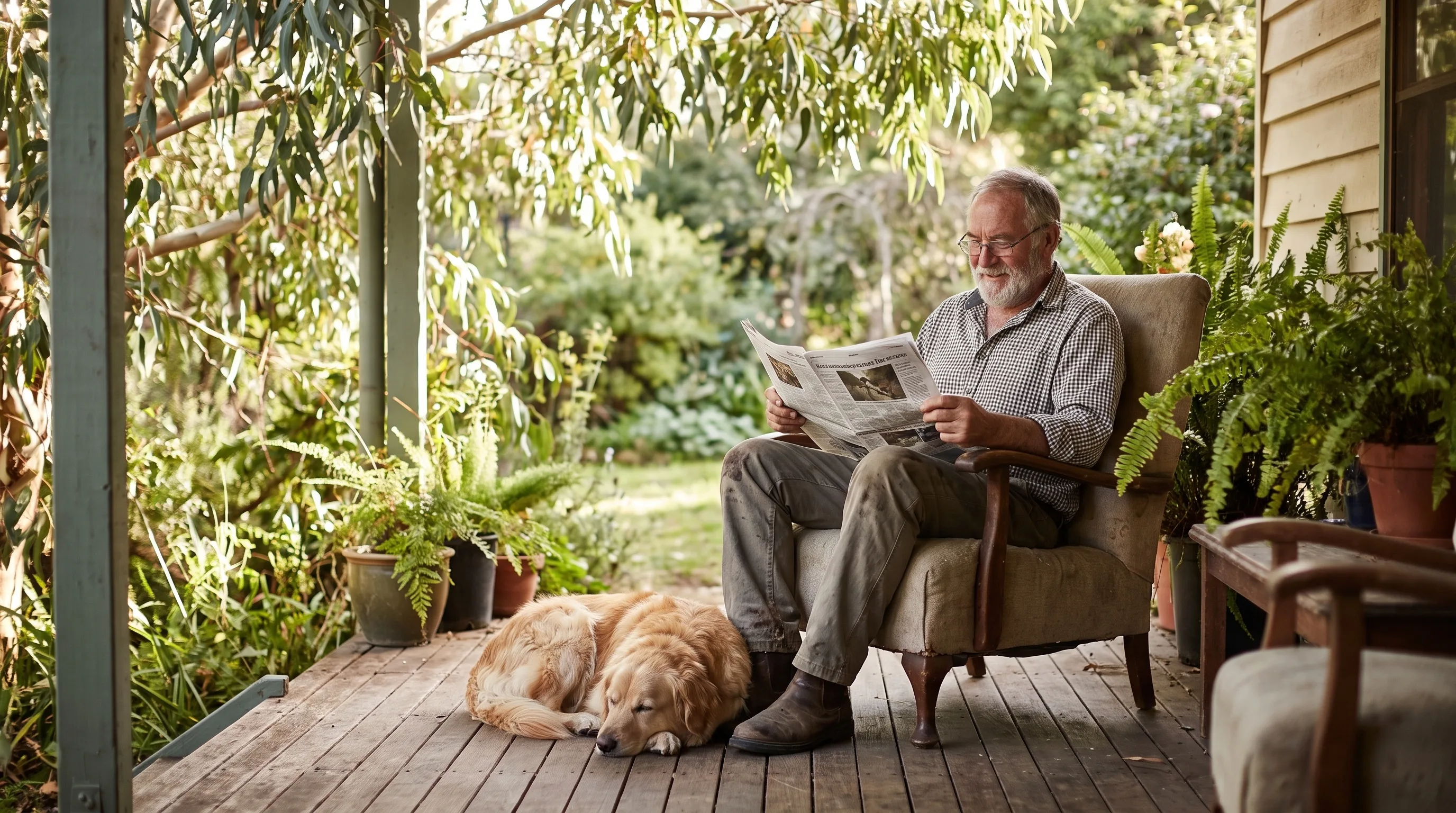 An older man reading a newspaper on a shady verandah with his dog