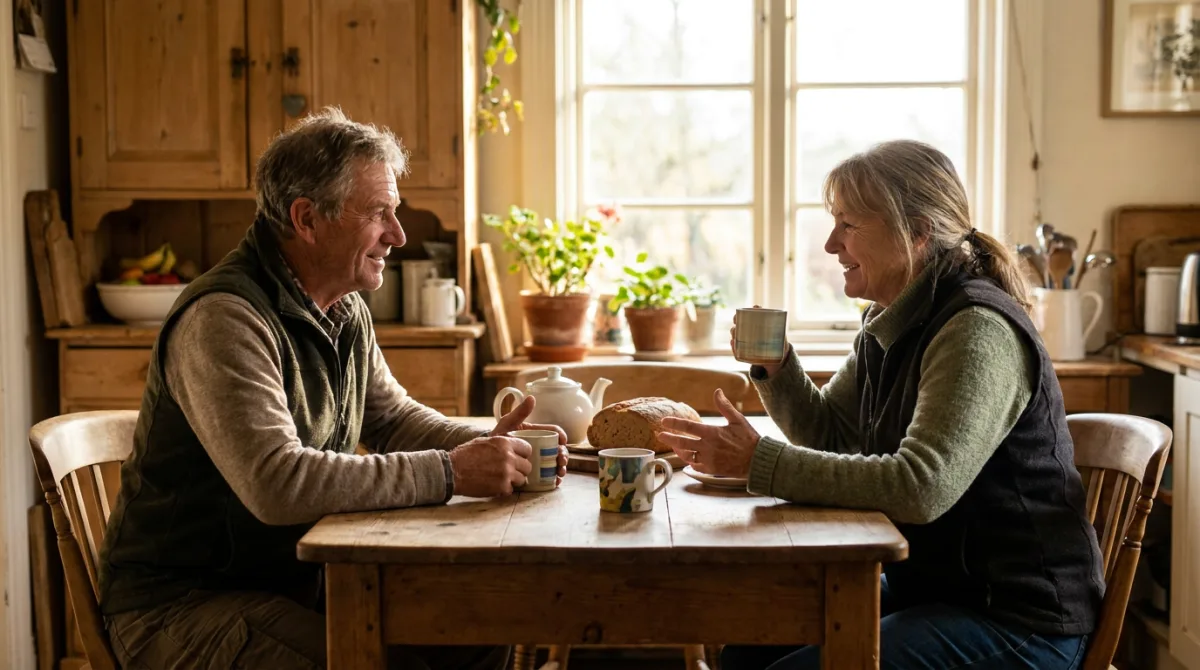 A couple talking over a cup of tea at a country kitchen table