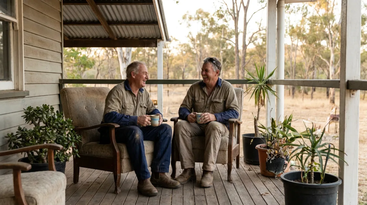 A couple chatting on a farmhouse veranda near Biloela