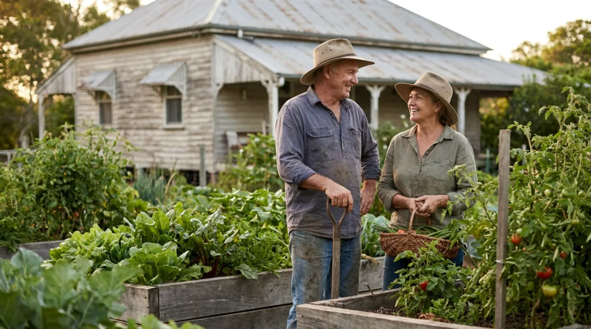 A couple talking together in a backyard garden in Blackwater