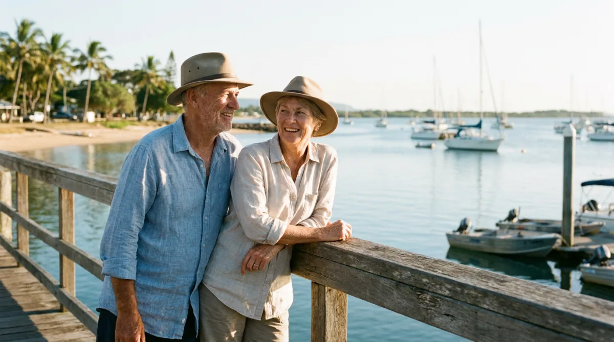 A couple talking together by the water near a Gladstone marina
