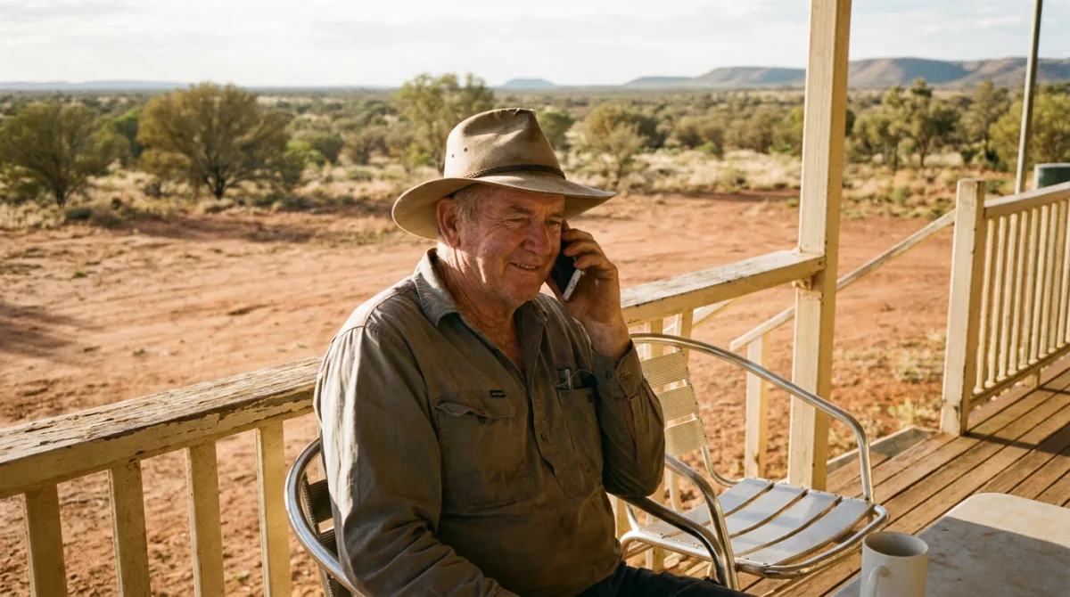 An older man taking a phone call on a homestead veranda near Longreach