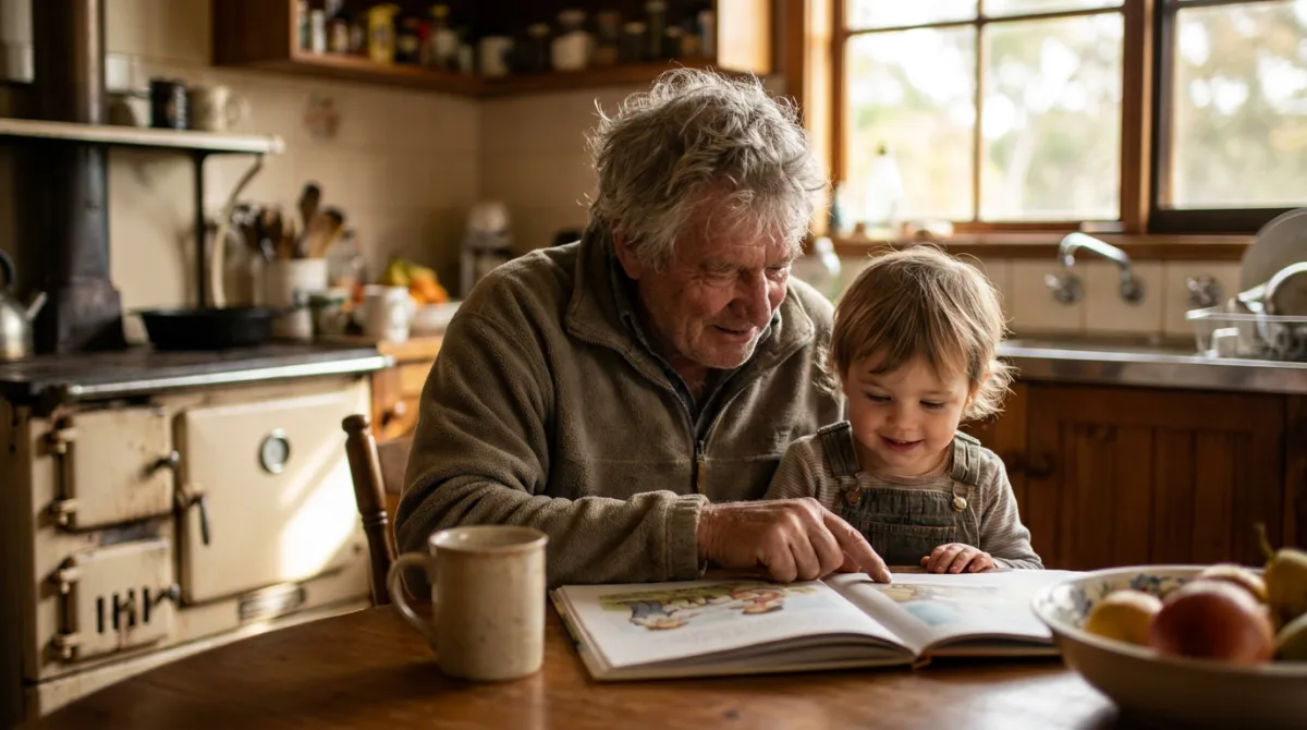 A grandparent and grandchild reading together at a kitchen table