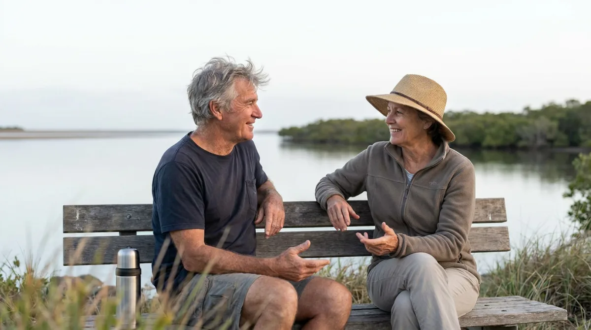 A couple talking easily together on the Yeppoon foreshore