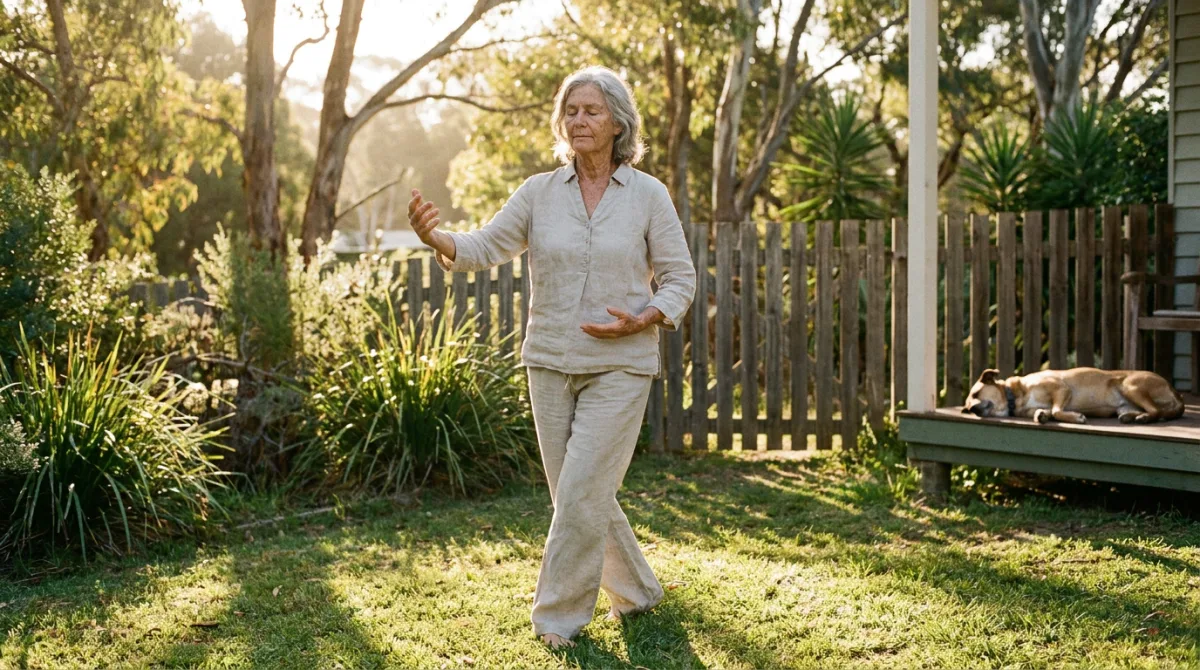 An older woman practising gentle tai chi movements in a sunny backyard, calm and steady on her feet