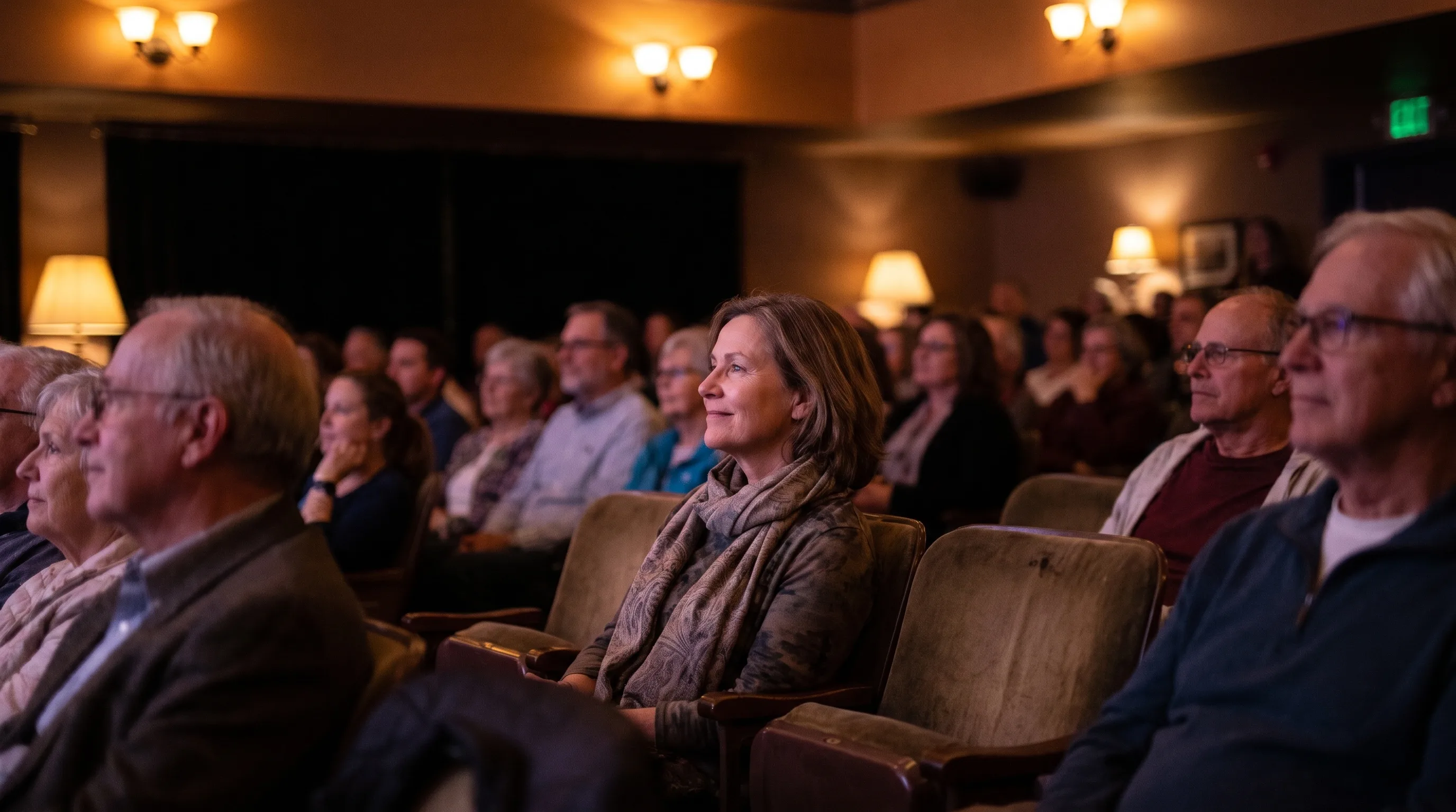 A person in a community theatre audience looking toward the stage