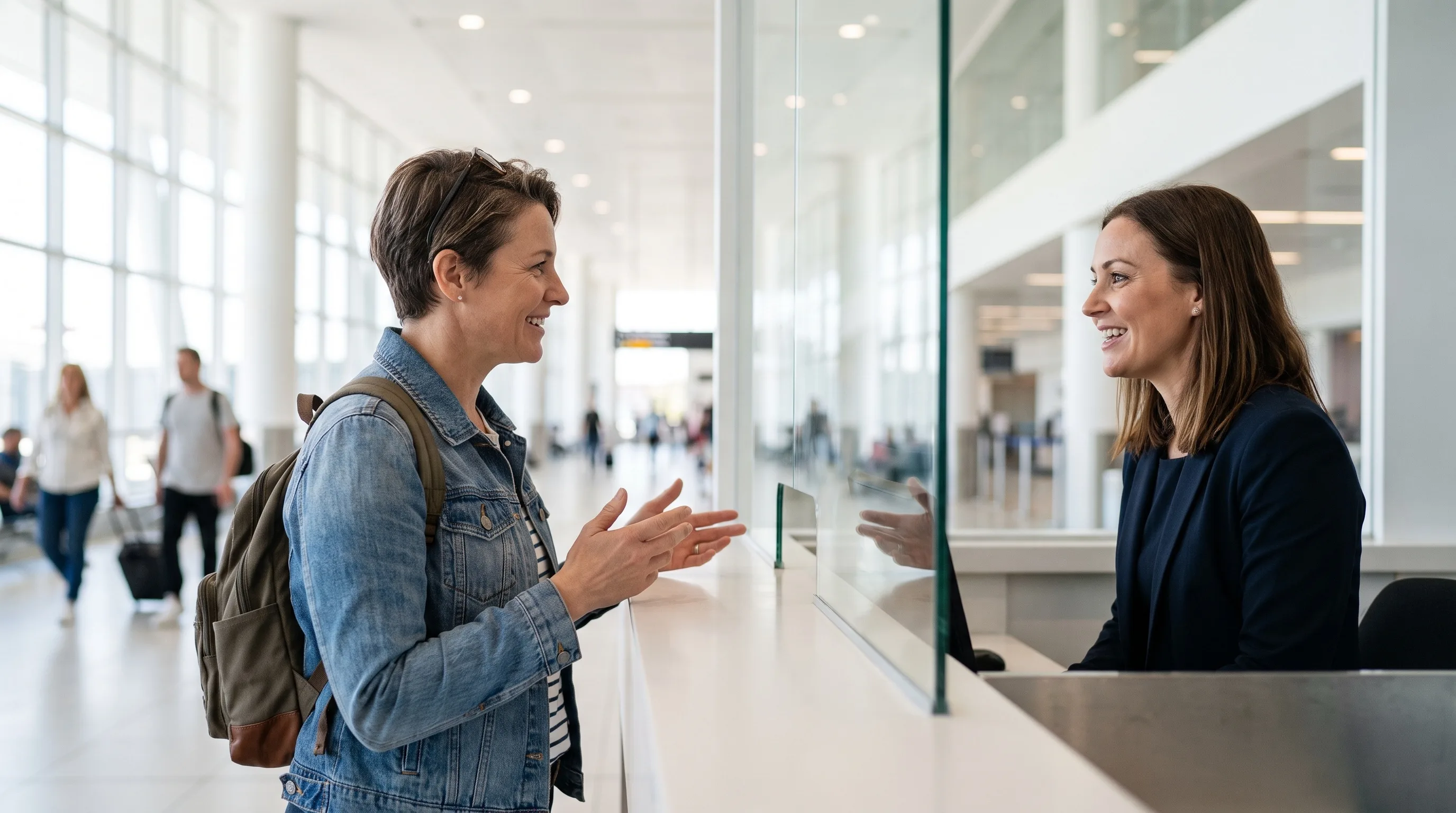 A traveller speaking with staff at an airport information counter