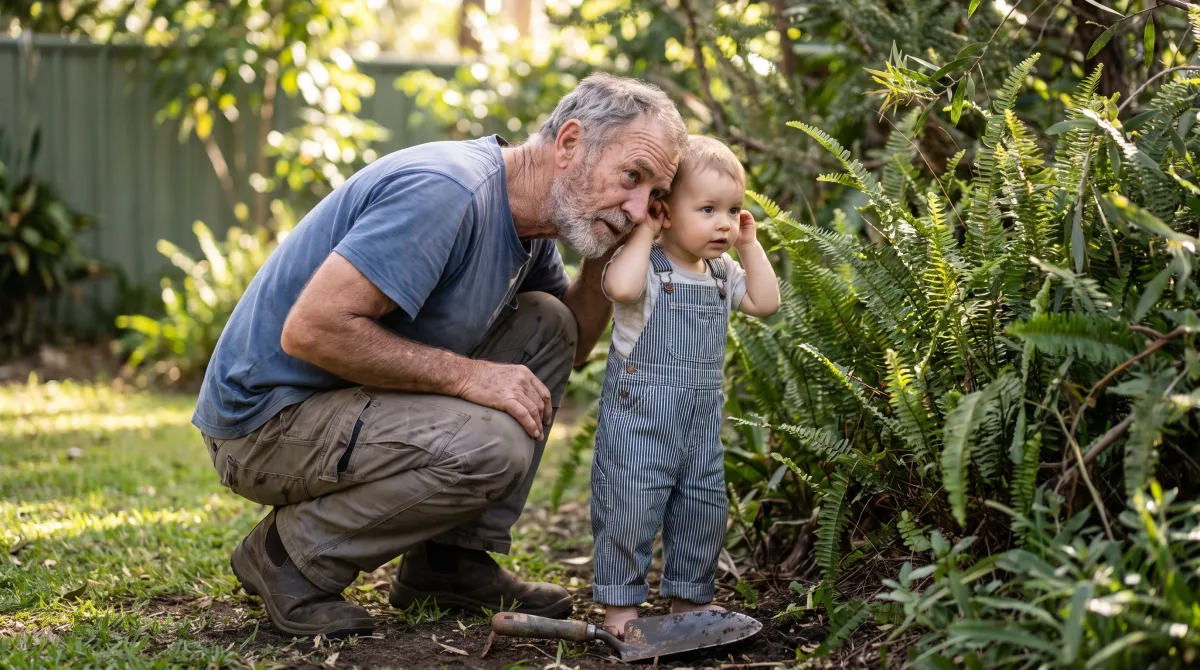 A grandparent and a grandchild crouched together in a garden, both listening intently to something in the leaves, heads tilted
