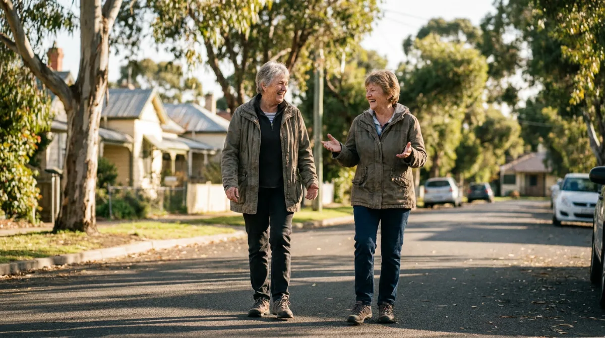 Two older friends walking and talking together along a quiet tree-lined street on a calm afternoon