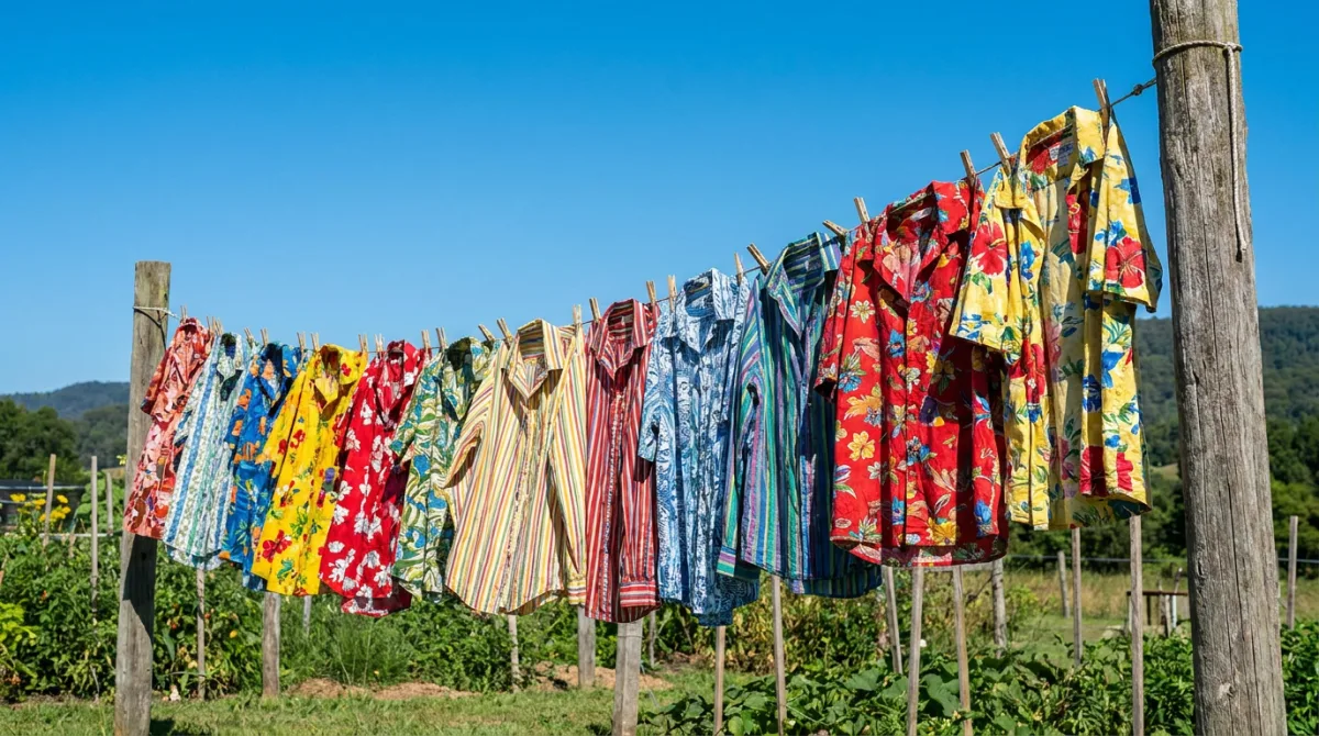 A row of brightly coloured, boldly patterned shirts hanging on a clothesline outdoors against a blue sky