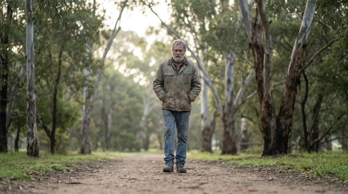 A man taking a calm, solitary morning walk along a quiet park path, hands in pockets, unhurried