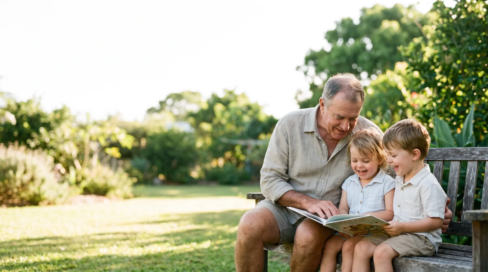 A grandparent sharing a story with grandchildren in a sunny Central Queensland home