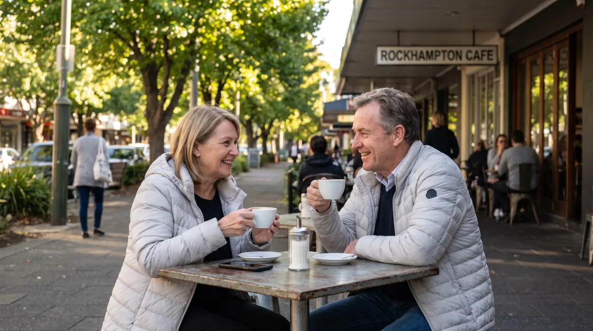 Two friends at an outdoor table at a Rockhampton cafe on a mild winter afternoon, laughing over coffee, a phone face down on the table between them