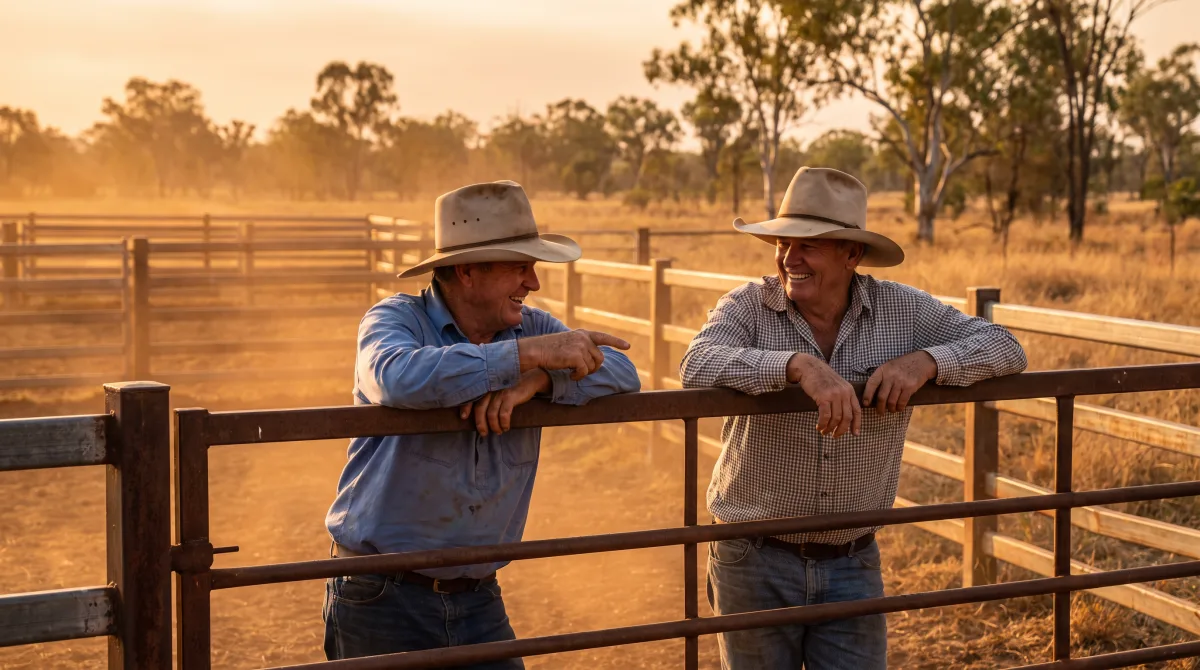 Two people in wide-brimmed hats leaning on a steel gate at a set of cattle yards, late afternoon light, dust in the air, chatting easily