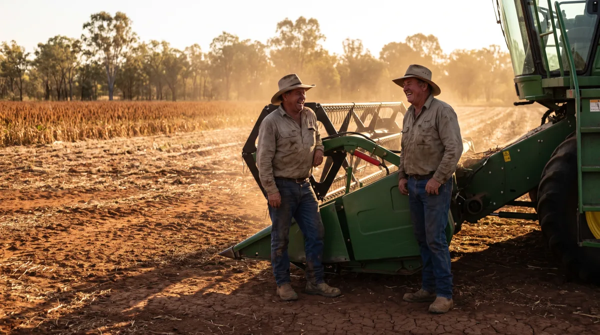 Two farmers in work shirts and hats standing beside a header at the edge of a sorghum paddock at golden hour, laughing together, dust hanging in the warm light