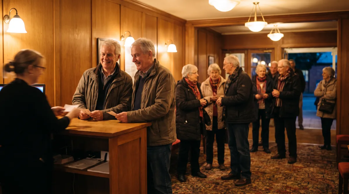 Two friends collecting tickets at a small regional theatre foyer, warm lighting, a queue of people chatting behind them