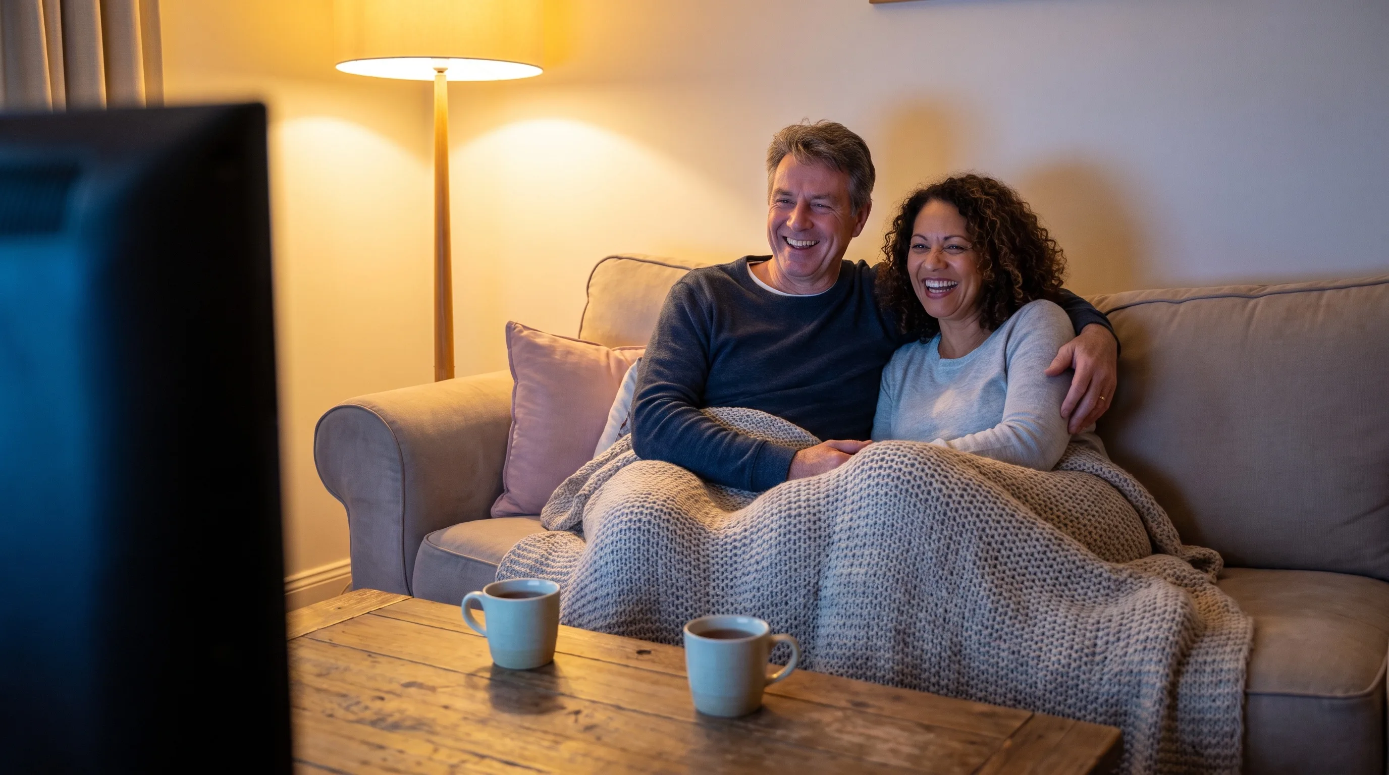 A couple relaxing under a blanket watching television on a cool evening