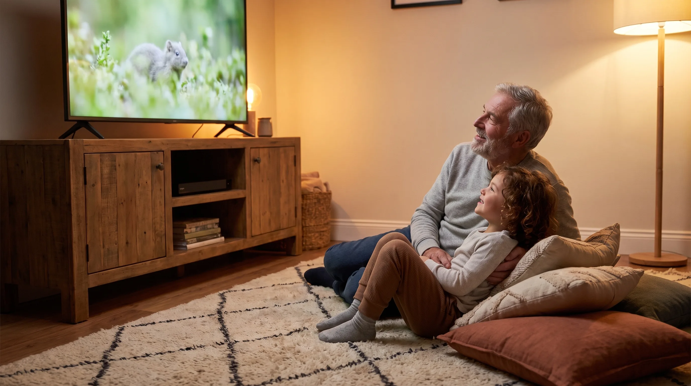 A grandfather and grandchild watching a nature documentary together