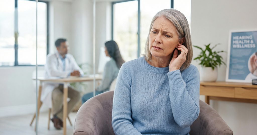 Person experiencing tinnitus touching their ear