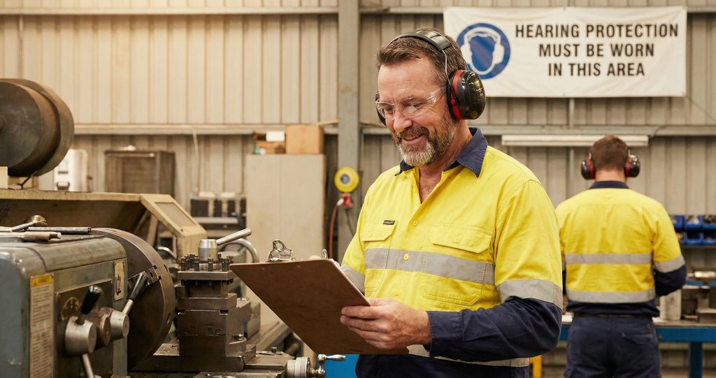 Worker wearing hearing protection in industrial setting