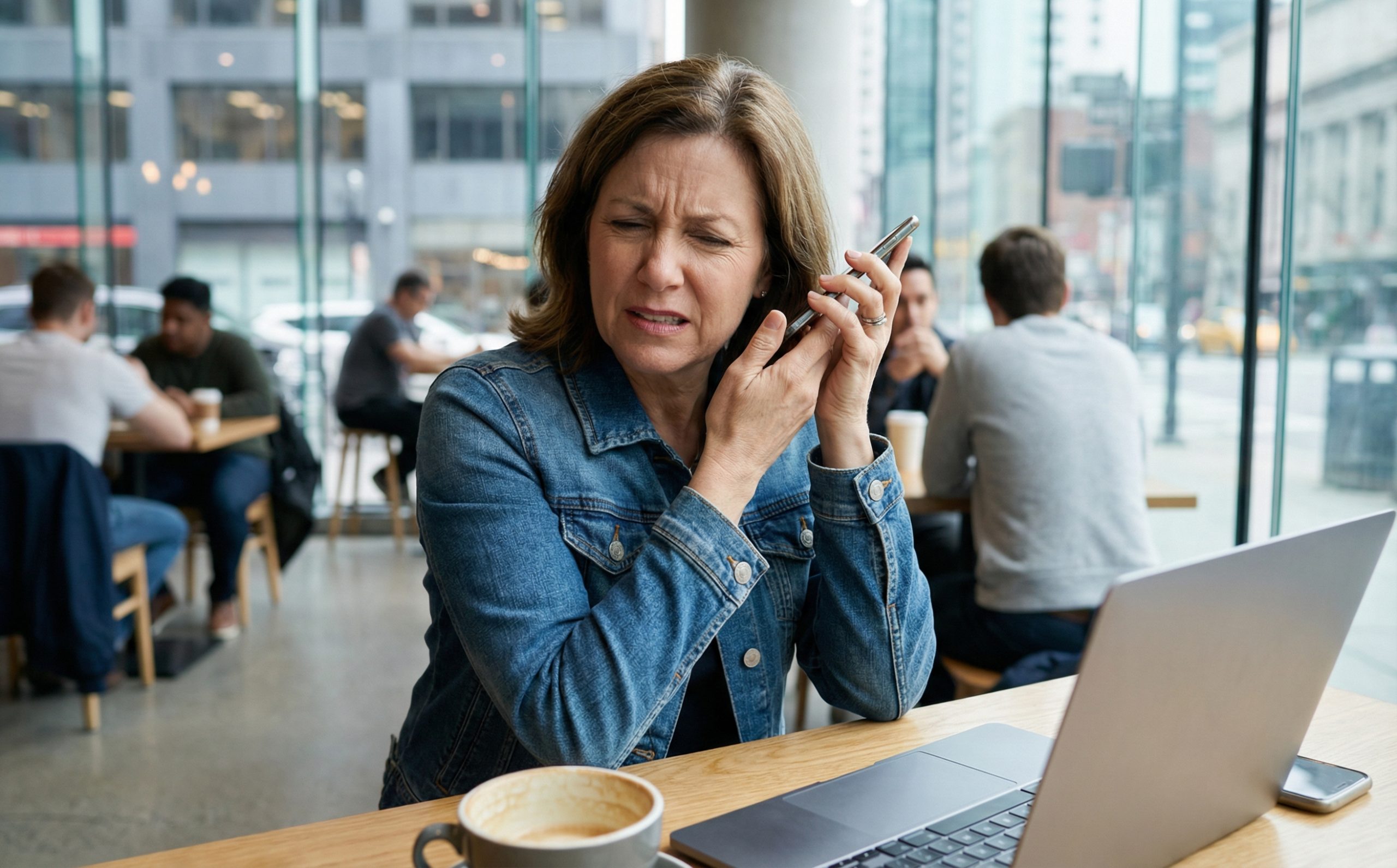 Person having difficulty hearing on phone