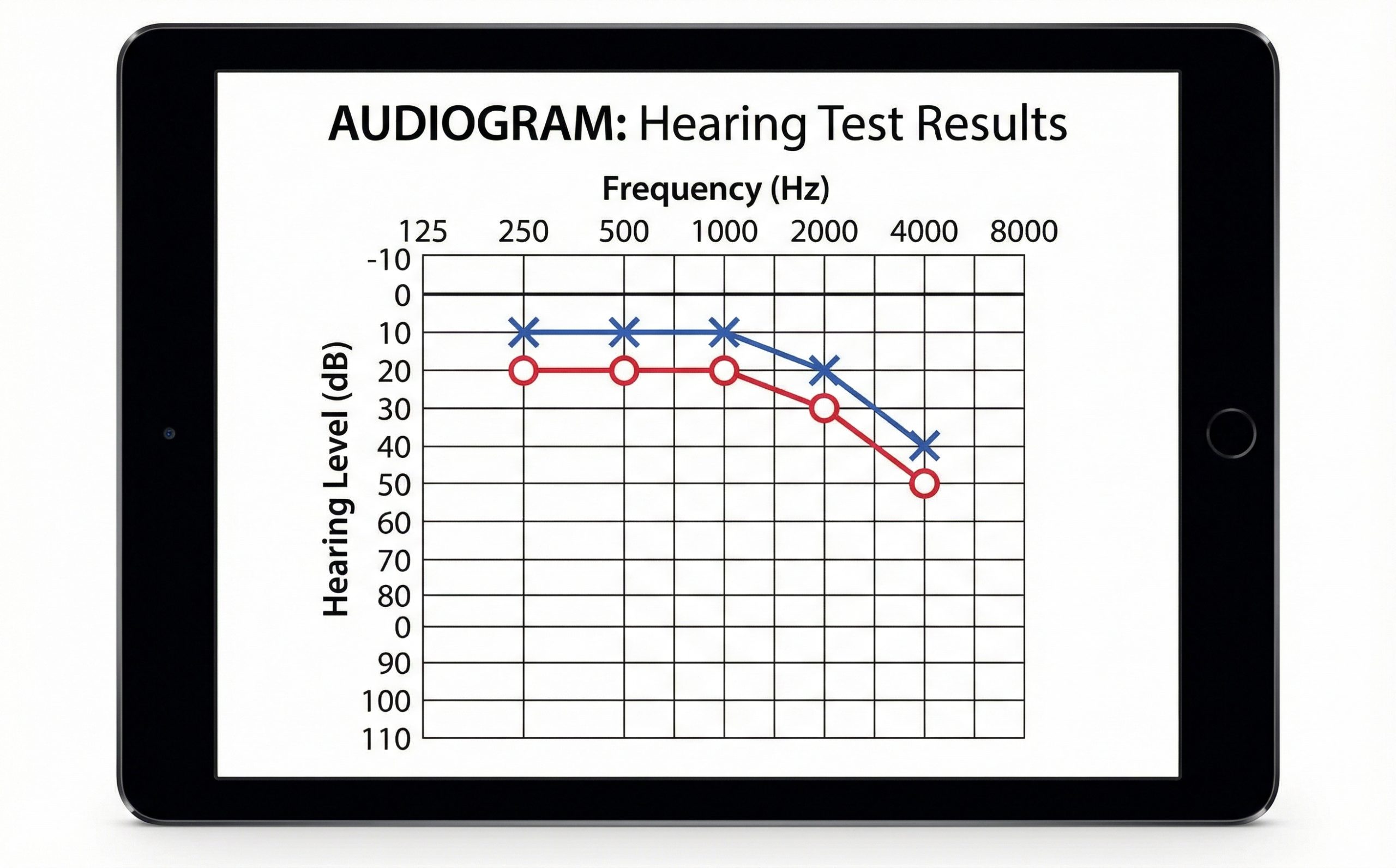 Detailed audiogram chart showing hearing test results